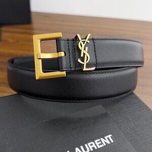 Yves Saint Laurent Black Leather Belt with Gold Buckle